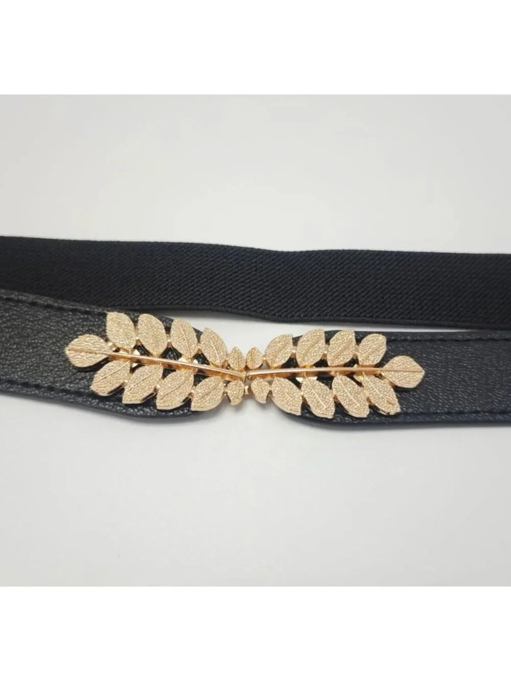 Elegant Elastic Belt With Gold Leaf Buckle Decoration Set of 3 - Black White & B